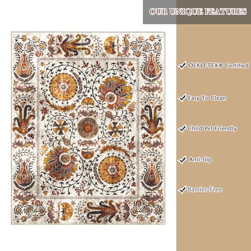 8x10 Area Rugs for Living Rooms, Low Pile Non-Shedding Living Room Rug, Washable Rugs for Bedroom Office Dining Room Living Room Decor, Non Slip Bedroom Rugs, Boho Area Rugs 8x10, Vintage Orange Rug — view 6