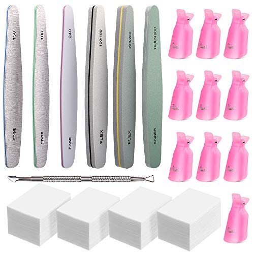 Image of Nail File and Finger Nail Clips, MORGLES Nail Polish Remover Pads and Clips 10pcs Gel Nail Polish Remover Clips Caps Pink 6pcs Professional Nail Buffer Files 300pcs Wipe Cotton Pads Cuticle Pusher