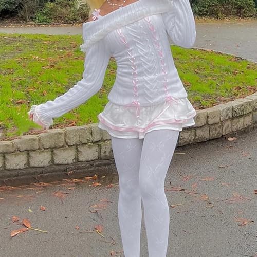 Y2k Off The Shoulder Sweater for Women Lolita Cute Bow Front Lace Trim Knit Pullover Kawaii Long Sleeve Jumper Tops2