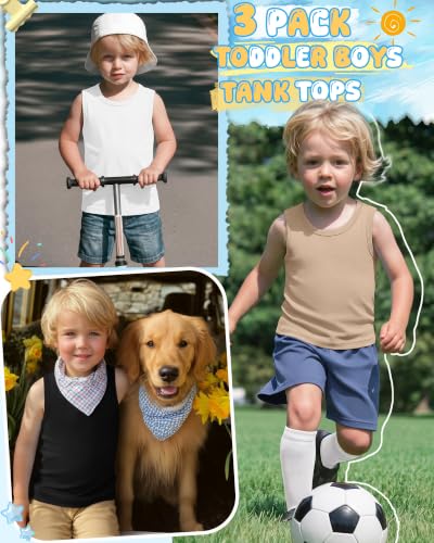 Image of Yooo's Vivi 3 Pack Toddler Boys Tank Tops | Toddler Boys Undershirts, 18M-5T, Sleeveless Muscle Shirt, Kids Athletic Tops, Crewneck, Summer, Loose, Basic, Sport, Play