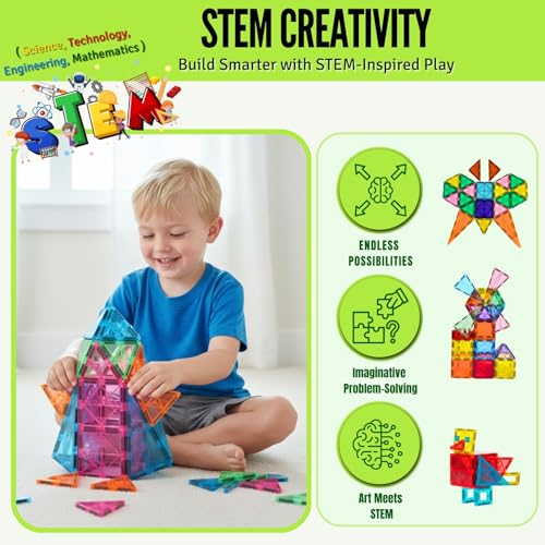 Image of Magnetic Tiles Set 180 PCS with 2 Cars Bases, STEM Educational Magnet Toys for Kids Ages 3-12, Magnetics for Kids & Preschool, Creative Magnetic Building Toys for Boys & Girls