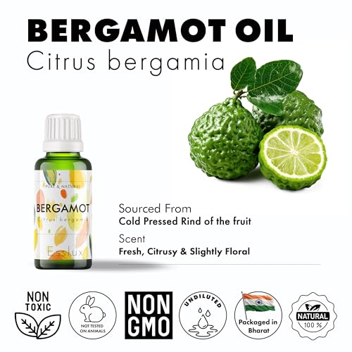 Image of Esslux Bergamot Essential Oil for Diffuser & Skin | 100% Natural Bergamot Oil for Hair, Aromatherapy, Shampoo & Soap Making | Uplifting Citrus Scent for a Refreshing Experience, 15 ML