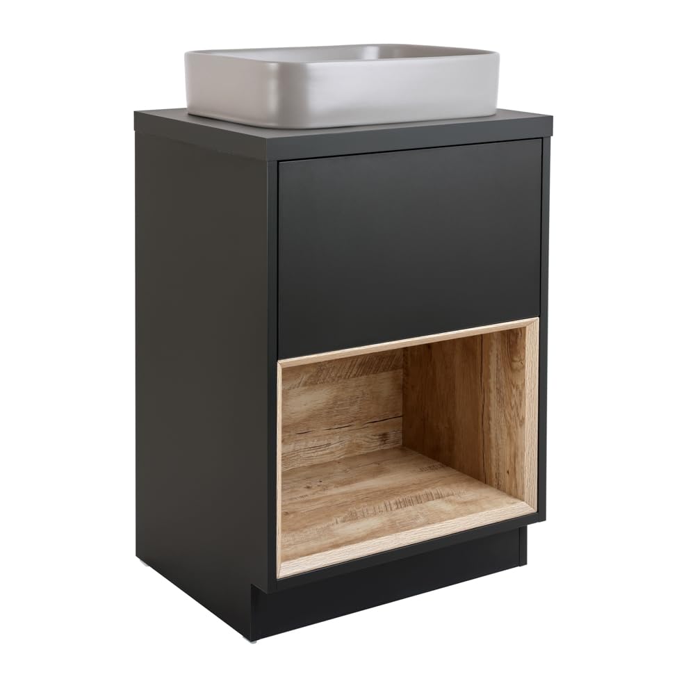 Milano Black Grey Unit / Pebble Basin Bexley Black Grey 600Mm Led Lit Bathroom Vanity Unit Rectangular Pebble Countertop Basin