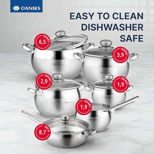 Image of Daniks Classic Stainless Steel Kitchen Induction Pot Cookware Set | 11-Piece | Dishwasher Safe Pots | Saucepan 2 Quart + 2 Quart + 3 Quart + 4 Quart + 7 Quart + Saute Pan | Measuring Scale | Silver