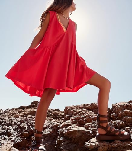 Image of Womens Babydoll Dress Summer Sleeveless Mini Dress Casual Loose V Neck Swing Flowy Beach Sundresses with Pockets