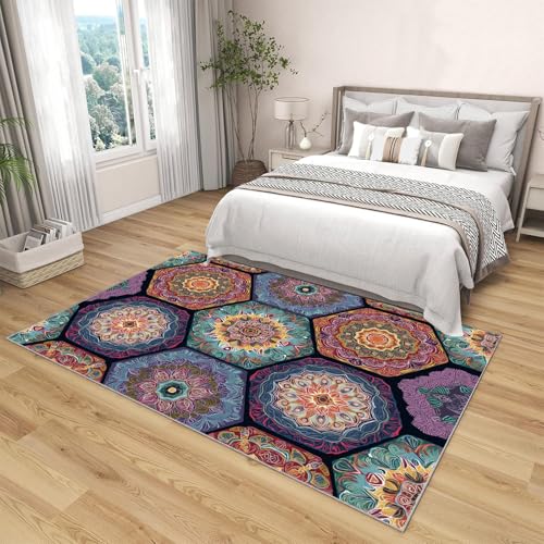 Tapis bohème multicolore à motif mandala hexagonal salon