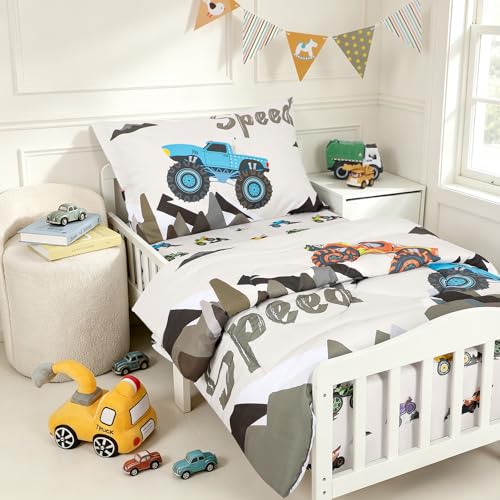 Image of 4 Piece Toddler Bedding Set, Ultra Soft and Breathable Cartoon Car Toddler Comforter Sets for Boys Includes Quilted Comforter, Fitted Sheet, Flat Sheet and Pillowcase