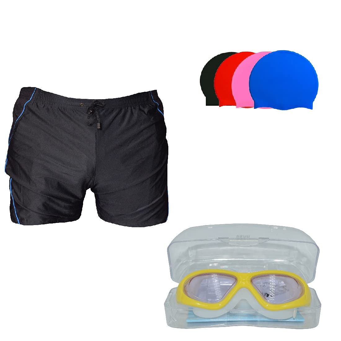 SWIMMING SHORTS V-619 BLACK BLUE PIPING SIZE 3XL WITH GOGGLES SILICONE IS-SG LARGE WITH BOX WHITE AND 100% SILICONE SWIMMING CAP PLAIN SKY-image-12