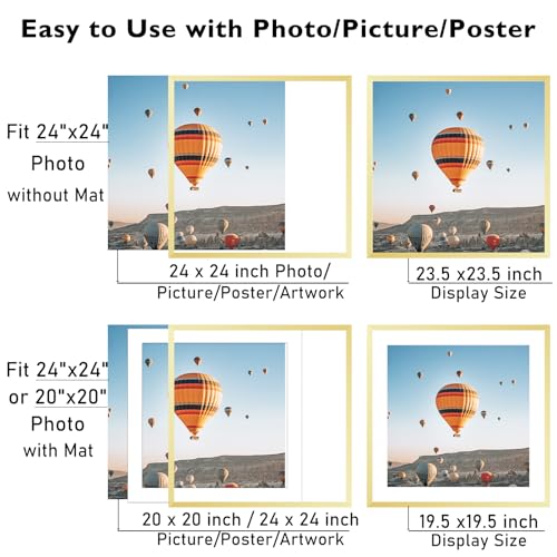 Image of JCJMY 24x24 Picture Frame Gold with 20x20 Mat, Display Photo 20x20 with Mat or 24 x 24 Without Mat, Wall Hanging Large 24x24 Poster Frame with Shatter Resistant Plexiglass, Gold