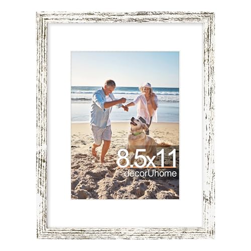 decorUhome 8.5 by 11 Picture Frame, Display Pictures 6x8 with Mat or 8.5x11 without Mat, Wall & Tabletop Display Certificate Frame, Distressed White, 1 Pack