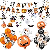 Meriviva 49Pcs Halloween Party Hanging Decorations Set, Halloween Banner Swirls Pumpkin Cat Ghost Balloons Decorations Indoor, Party Reusable Decoration Pack for Home Office School (Style2)