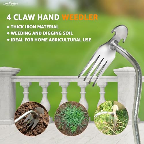Image of Anandi Greens Garden Weeding Tool with Wooden Handle || Weeder Hand Tool 4 Claws Manual Weed Puller for Lawn and Garden Weed Removal Tool Steel