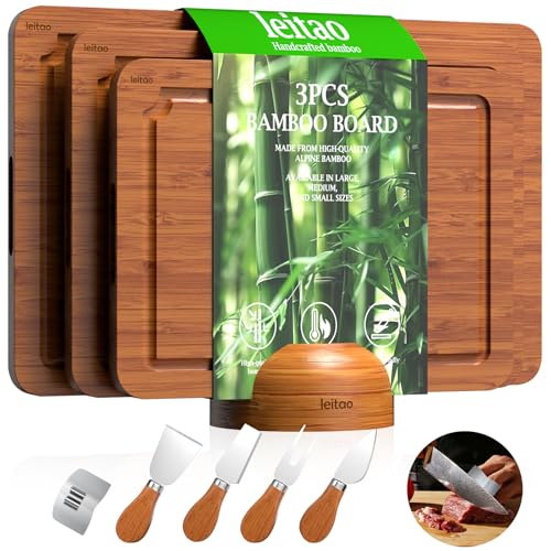Bamboo Cutting Board for Kitchen, Wood Cutting Board Set with Holder & 4 Knives & Finger Guard, Charcuterie & Chopping Board with Juice Groove, Kitchen Gadgets, Brown