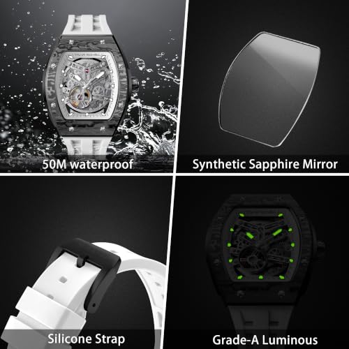Image of TSAR BOMBA Men's Automatic Watch Tonneau Luxury Skeleton Watches for Men Mechanical 50M Waterproof Analogue Watches Mens Unique Cool Square Big Face Dial Wristwatch with Silicone Strap Band