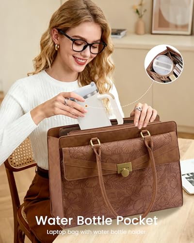 Image of LOVEVOOK Laptop Tote Bag for Women, PU Leather Work Bag, Teacher Tote | with Large Cup Holder, Waterproof Vintage Briefcase for Business Travel & Commute, Magnetic Snap, Padded Laptop Pocket