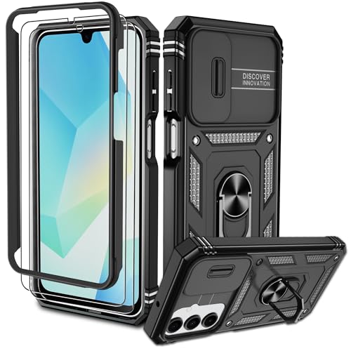 Pilaru für Samsung Galaxy A16 5G Hülle,Kameraschutz Handyhülle mit 2 Stück Schutzfolie, 360° Drehhalter Ring Schutzhülle Militär Outdoor Stoßfest Kratzfest Handy Hüllen für Samsung A16 5G,Schwarz
