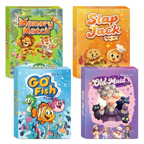 underbartliv Card Games for Kids: Go Fish, Old Maid, Slap Jack, and Memory Match — 4 Decks in 1 Pack. Classic Kids Card Games for Family Game Night,...