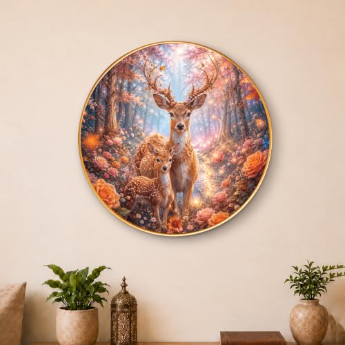 Image of PAINTINGMANTRA Golden Deer Family Vastu Framed Wall Art Painting For Living Room, Symbol of Prosperity, Family Harmony Wildlife Poster with frame for Wall, Decoration item for bedroom & Home, 16 Inch