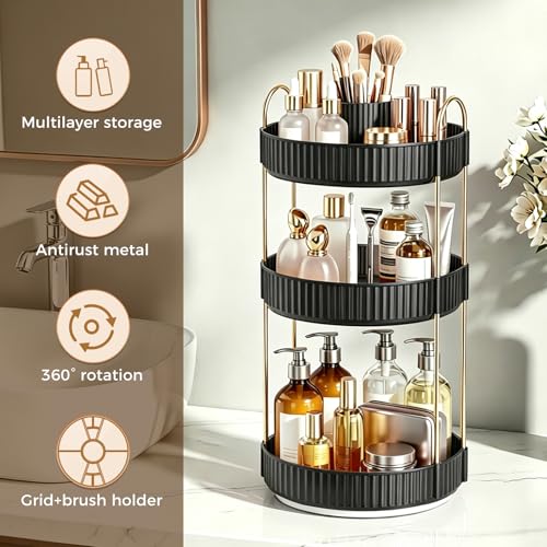 Image of 360 Rotating Makeup Organizer, Upgraded 3 Tier Skincare Perfume Organizers for Women, Bathroom Organizer Countertop, Clear Cosmetic Dresser Organizer with Makeup Brush Holder, Sink&Counter(Black)