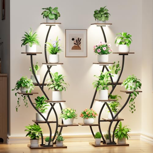 Image of Plant Stand Indoor with Grow Lights - Lighted Plant Shelf Indoor Tall, 61 inch 9 Tier Large Plant Stands for Indoor Growing, 2 Pack Corner Flower Shelf, Winged Metal Holder for Home Living Room, Black