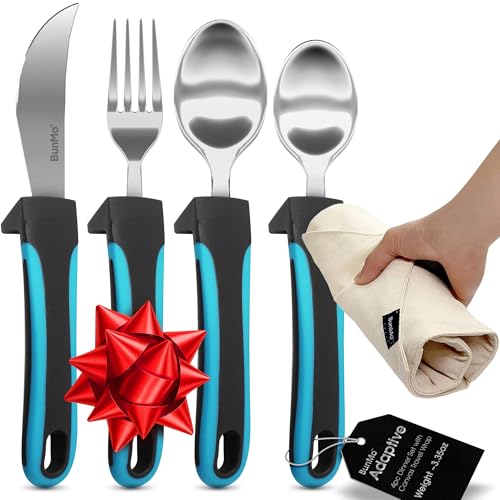 BUNMO Adaptive Utensils for Elderly, Arthritis, Weak Hand Grip & Handicapped - 4 Piece Set - Convenient Travel Pouch - Lightweight - Arthritis Gifts for Seniors Over 80 - Gifts for Disabled Adults