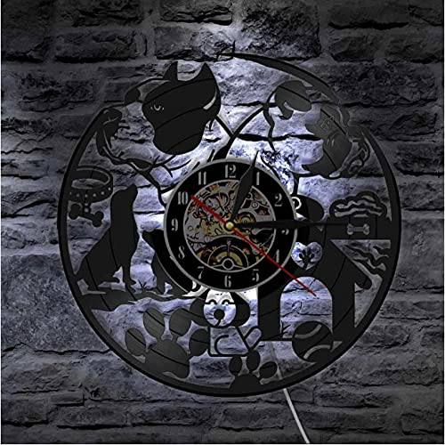 Luce notturna a led Amo i cani Negozio di animali domestici Orologio da parete decorativo Cucciolo Razze di cani Orologio da parete in vinile Orologio appeso Amanti dei cani Proprietari di animali Re