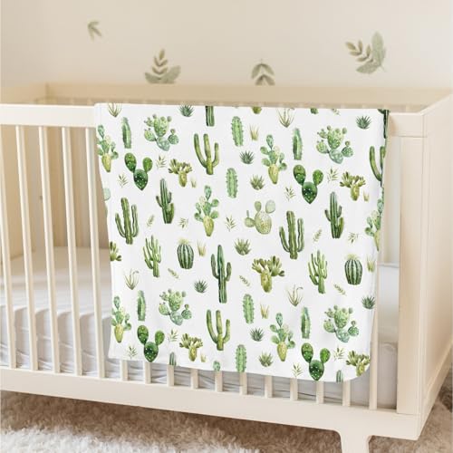 Image of Watercolor Green Cactus Baby Blankets for Girl Boy with Dotted Backing Double Layer Boho Cactus Leaves Soft Swaddle Receiving Blanket Wild Desert Plants Newborn Toddler Nursery Bed Throw 30x40