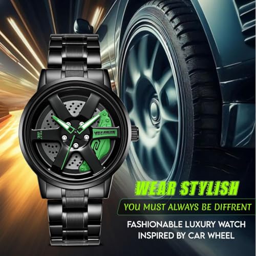 Image of V2A Velocity Wheel Rolling Series Men's Analog Watch Open Dial Watch - Car Wheel-Inspired Design, Hollow Out Elegance Casual Watch for Men | Gift for Men (Black-Green)
