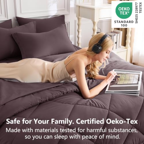 Image of CozyLux Queen Comforter Set Cocoa Powder - Bed in a Bag Queen Size 7 Pieces, Luxury Soft Bed Set for All Seasons, Bedding Set with Down Alternative Comforter, Sheets, Pillowcases & Shams