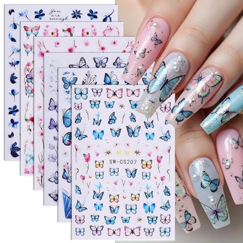 6 Sheets Butterfly Nail Stickers 3D Self-Adhesive Colorful French Tips Nail Decals Flower Nail Art Stickers Gradient Butterfly Floral Designs Cherry Blossoms Stickers for Women Spring Summer Manicure
