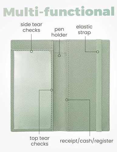 Image of Yarnic Checkbook Cover for Personal Checkbook Holder Sage Green | Checkbook Covers with Pen Holder & Built-in Clear Plastic Divider for Duplicate Checks