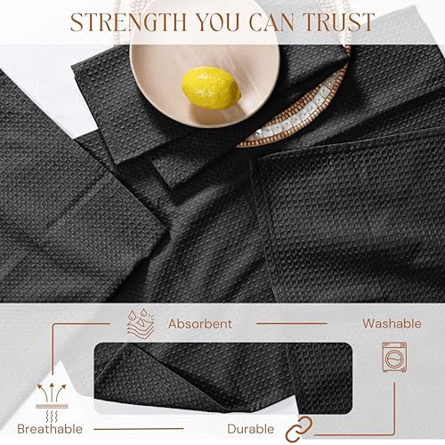 Image of Black Waffle Kitchen Dish Towels, 100% Cotton, Quick Dry, Super Absorbent, Soft, 16x26 Inches - Ideal for Dish Drying, Bar, Hand Wipe, Cleaning, and Everyday Use, 4 Pack