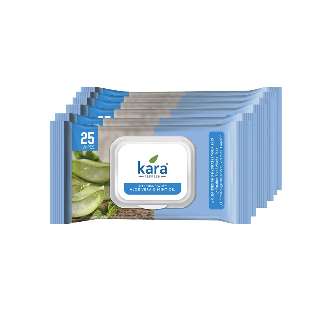 Kara Refresh Aloe Vera & Mint Oil Facial Refreshing Wet Wipes with Lid - 25 Pulls (Pack of 6) | Hydrates & Cleanses Skin | Alcohol-Free, Paraben-Free | Enriched with Vitamin E | Dermatologist Tested (B0D841B8NV) Amazon Price History, Amazon Price Tracker