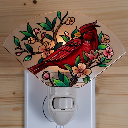 Image of Red Cardinal Night Light - Stained Glass Styled Plug-in Wall Light for Vertical Outlets - Real Glass with Warm Glow for Bedroom, Bathroom, Hallway, Gift for Bird Lovers
