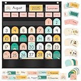 AUVCAS Rainbow Boho Calendar Pocket Chart, Black Classroom Calendar Pocket Chart with 90 Cards, Size: 23.5 x 20 inch, Monthly Calendar and Weather Pocket Chart for Kindergarten and Homeschool.