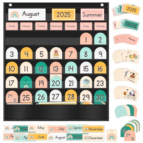 AUVCAS Rainbow Boho Calendar Pocket Chart, Black Classroom Calendar Pocket Chart with 90 Cards, Size: 23.5 x 20 inch, Monthly Calendar and Weather Pocket Chart for Kindergarten and Homeschool.
