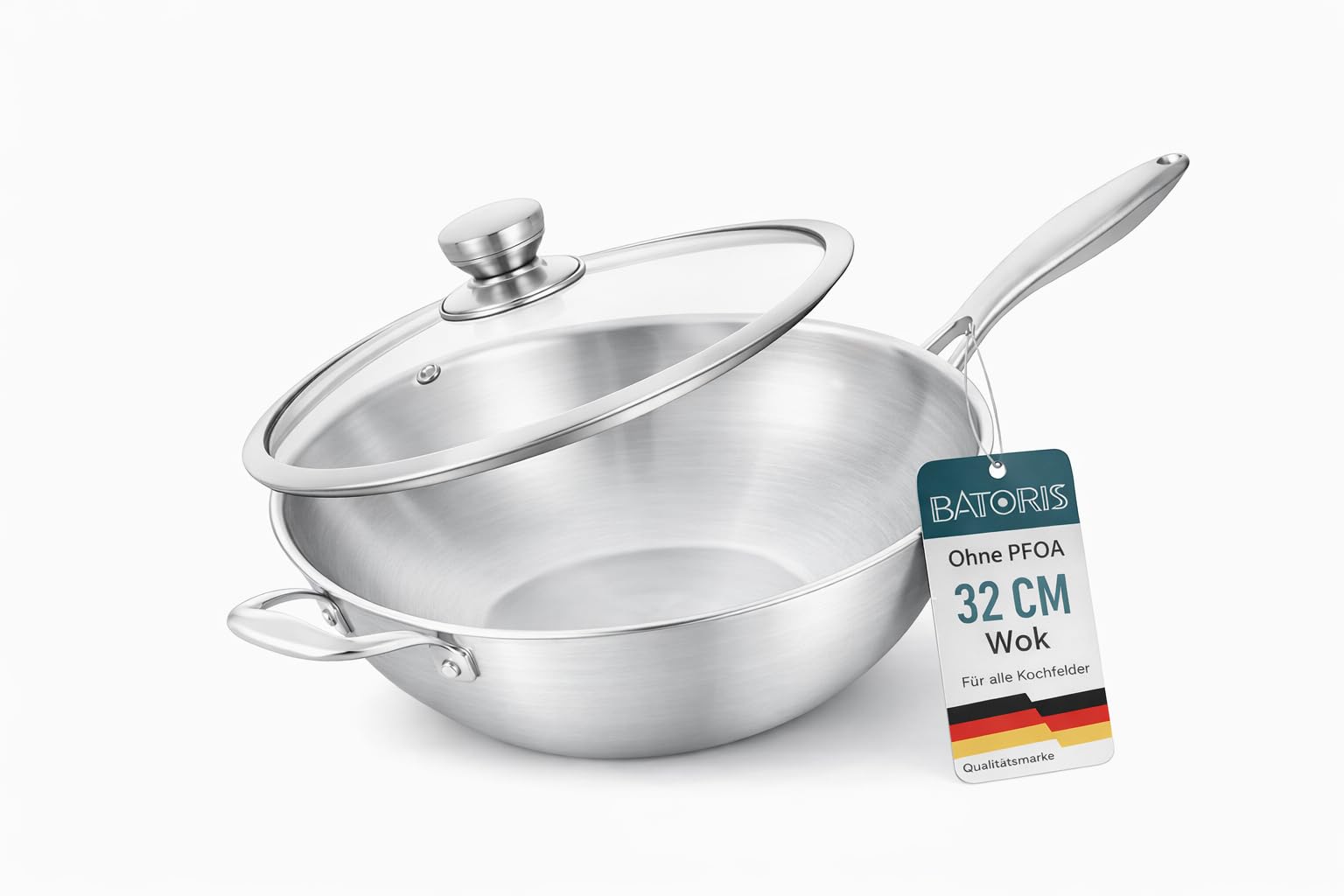 Edelstahl Wokpfanne 32 cm mit Glasdeckel – Ohne Beschichtung – für Induktion & Gas – für alle Herdarten – Wok Pfanne Groß