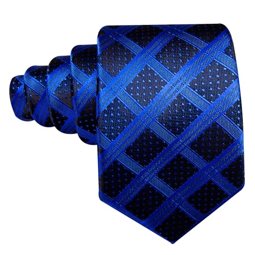 Image of Barry.Wang Plaid Ties Check Mens Necktie Set with Handkerchief Cufflinks Classic Stripe, B-royal Blue