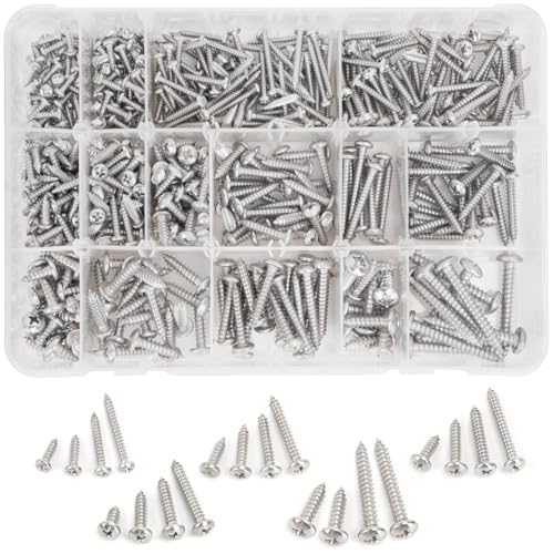 Vis à bois cruciformes inox 18-8, coffret de 542 pièces taraudeuses #4 à #12 pour tôle