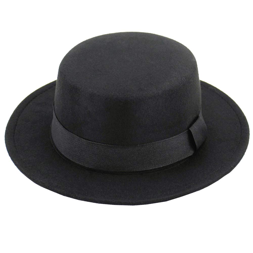 Classic Black Fashion Fedora Flat Hat Elegant Jazz Hats Brim Church Derby Cap for Head Circumference 22-22.8inch
