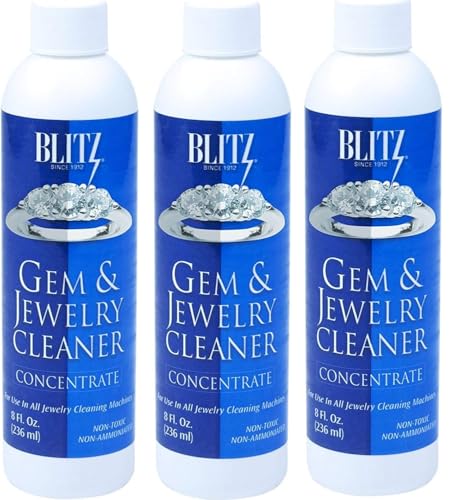Blitz Gem & Jewelry Cleaner Liquid Concentrate for Gold, Silver, Platinum Jewelry Polishes Non-Porous, Precious & Semi-Precious Stones Non-Toxic, Non-Abrasive, Planet Friendly Made in USA 8oz