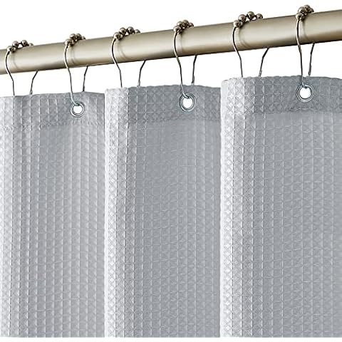 Cortina de ducha Scamzsure extralarga de tejido gofre gris claro con ganchos de metal Cover