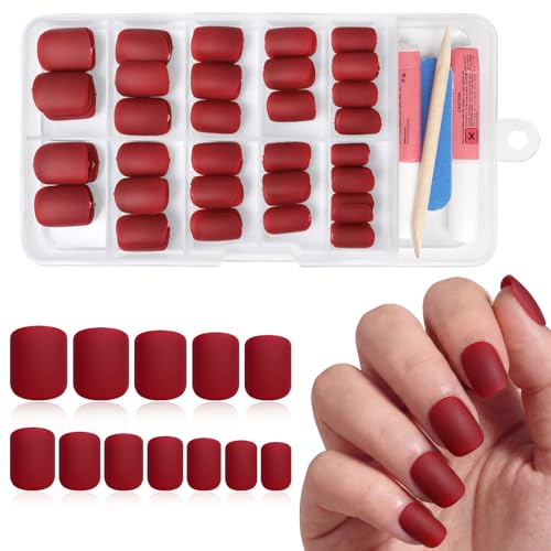 Bellelfin Red Matte Fake Nails Short Square,120 Pcs Christmas Press on...