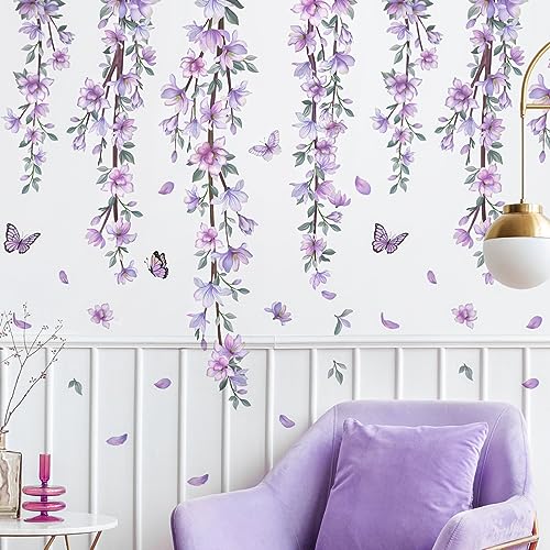DRWSSR Hanging Creative Removable DIY Purple Flower and Vines Some Flying Butterfly Wall Sticker Waterproof Vinyl Wall Decal Decor for Home Girls Bedroom Kids Room Bedroom Living Room Wall Corner