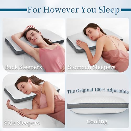 Original Adjustable Firm Pillow, Unique Bed Pillows for Sleeping,Comfort for Neck and Shoulder Pain - 750 Fill Power Down & 42D High Density Memory Foam Filling for Side,Back, Stomach Sleepers