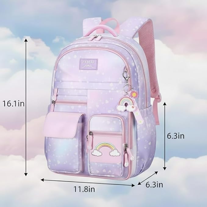 Image of Girls School Backpack Cute Pink Pastel Gradient Bag with Multiple Compartments Lightweight Durable Bookbag for Kids Students (purple bag)