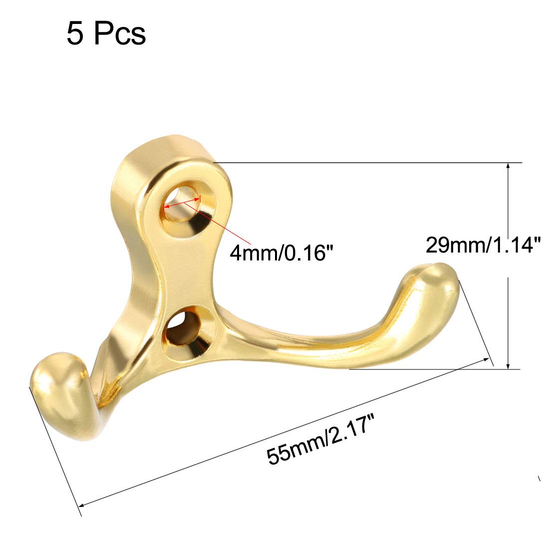 uxcell Dual Prong Coat Hooks Wall Mounted Retro Double Hooks Utility Gold Hook for Coat Scarf Bag Towel Key Cap Cup Hat 30mm x 55mm x 29mm 5pcs