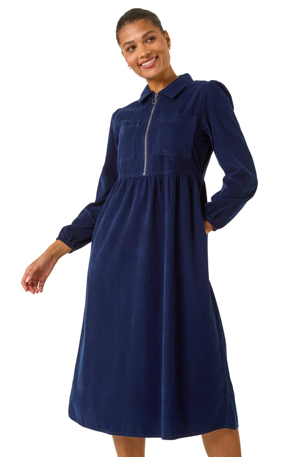 Roman Originals Women's Blue Corduroy Zip Detail Midi Dress For Uk - Everyday Autumn Winter Collared Neckline Comfy Soft Evening Vacation Work Party Night Out - Navy - Size 16