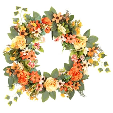RSTYS Floral Wreath, 15.7in Springtime Wreaths for Front Door Orange Daisy Wreath Artificial Flowers Garland Decoration with Peony, for Front Door Wall Window Decor Cover