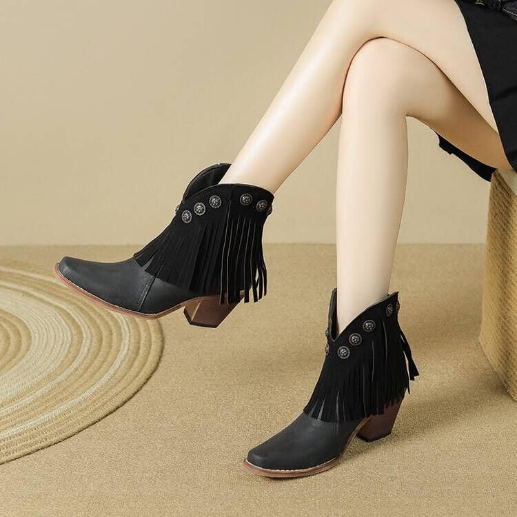 Fringe Cowboy Boots for Women Ankle Bootie Western Boots Embroidery Cowgirl Pull-On Pointy Toe & Wide - Comfortable Walking Lightweight Running Standing All Day Trending Fashion Streetwear Plus Size3